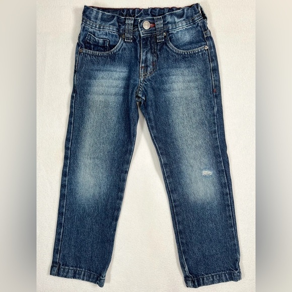 ZARA Boys 100% Cotton Red Thread Embroidered Jeans Dark Wash Casual Size 3-4 - Picture 2 of 10